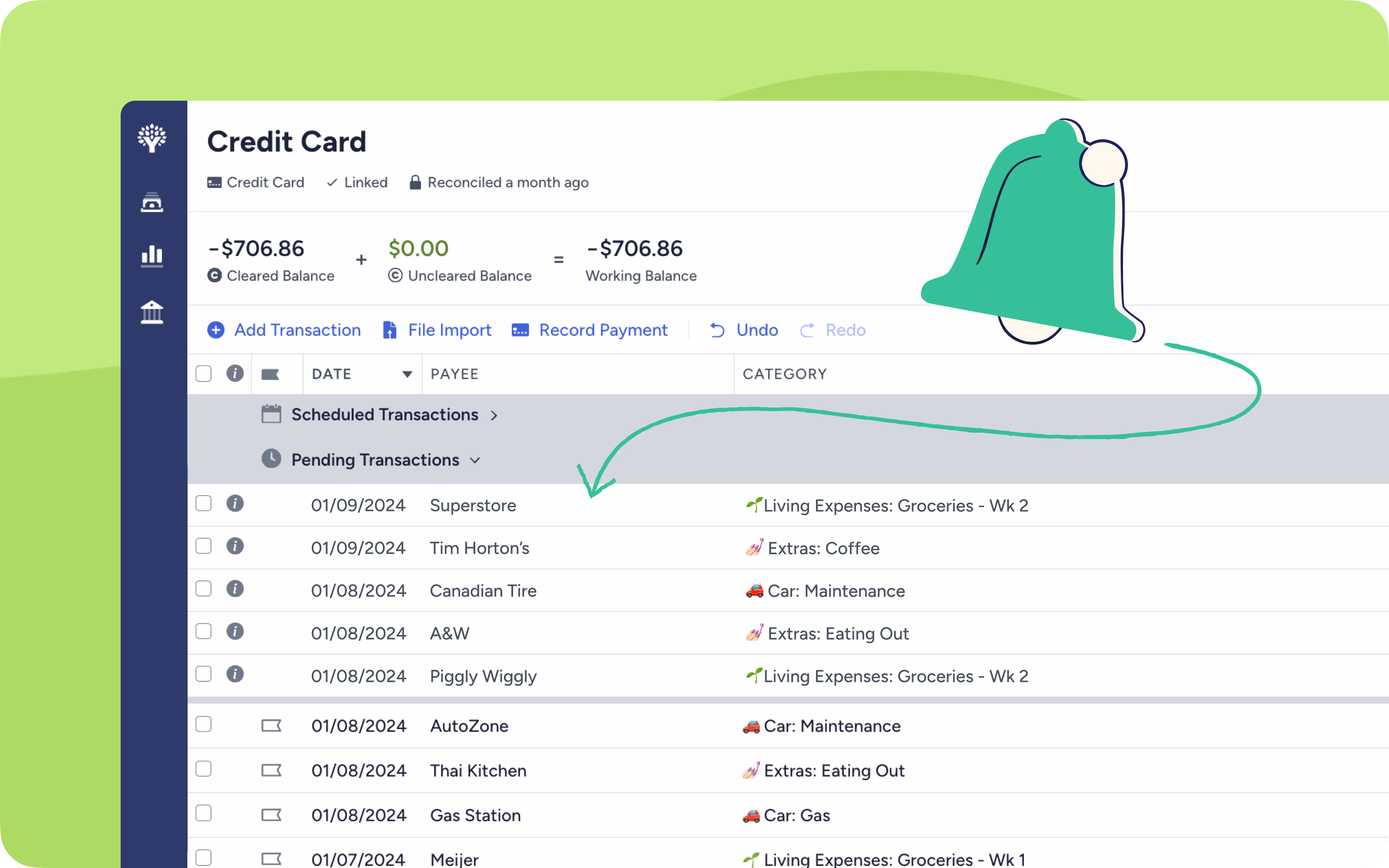 A screenshot of pending transactions in the account register of the YNAB web app